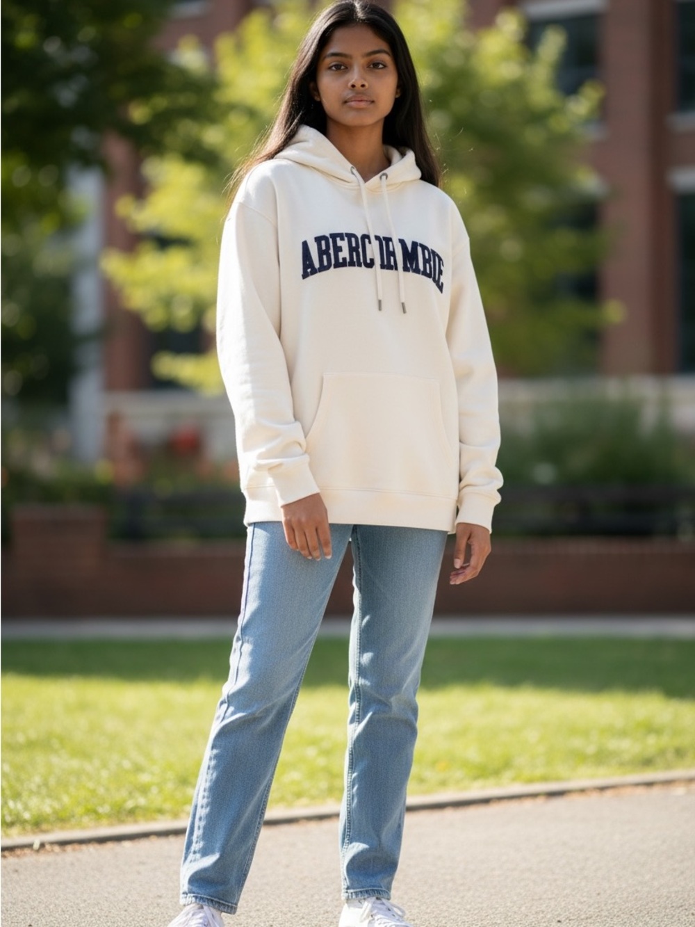 Y2K Abercrombie & Fitch Cream Hoodie with Navy Logo